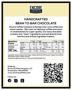 Encore Coffee & Chocolate bean-to-bar chocolate back label showing nutrition facts, ingredients, QR code, and manufacturer details.