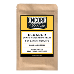 Experience intense 85% Dark Ecuador chocolate — tropical fruit, floral, and rich cocoa. Small-batch, bean-to-bar, organic ingredients.