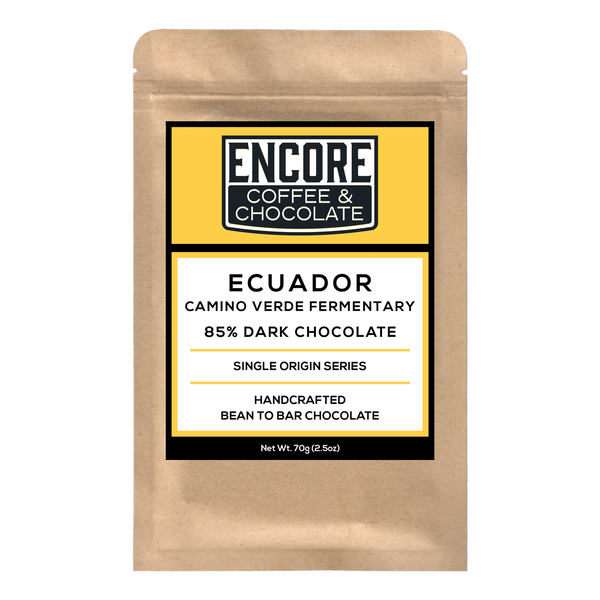 Experience intense 85% Dark Ecuador chocolate — tropical fruit, floral, and rich cocoa. Small-batch, bean-to-bar, organic ingredients.