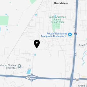 Map showing Encore Coffee & Chocolate location in Grandview, MO near I-49 and Highway 150, west of ReLeaf Resources and John Anderson Park.