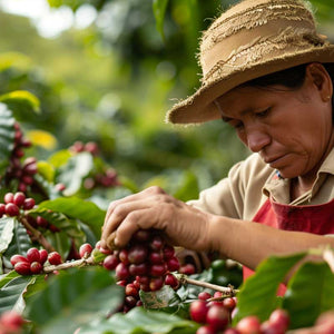 Female coffee farmer carefully handpicking ripe red coffee cherries on a lush farm, representing ethical and sustainable sourcing.