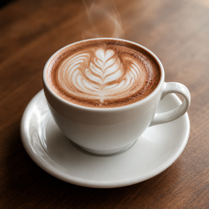 White ceramic cup of café mocha with cocoa-toned rosette latte art and rising steam on a warm wooden table.