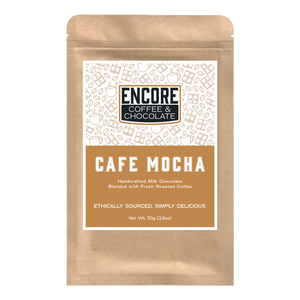 Encore Coffee & Chocolate Café Mocha milk chocolate bar packaging with coffee pattern design and ethically sourced bean-to-bar craft chocolate branding.