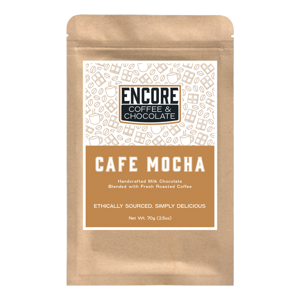 Encore Coffee & Chocolate Café Mocha milk chocolate bar packaging with coffee pattern design and ethically sourced bean-to-bar craft chocolate branding.