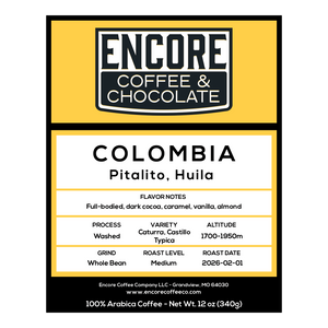 Encore Coffee & Chocolate label for Colombia Pitalito, Huila coffee