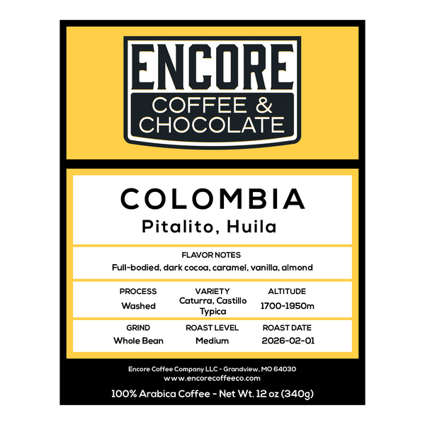 Encore Coffee & Chocolate label for Colombia Pitalito, Huila coffee