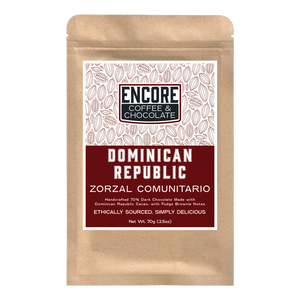 Encore Coffee & Chocolate Dominican Republic Zorzal Comunitario 70% dark chocolate bar packaging, ethically sourced bean-to-bar craft chocolate made with Dominican cacao.