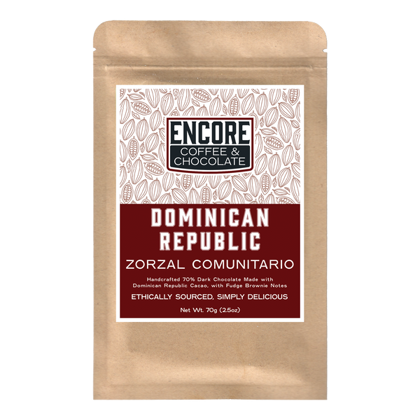 Encore Coffee & Chocolate Dominican Republic Zorzal Comunitario 70% dark chocolate bar packaging, ethically sourced bean-to-bar craft chocolate made with Dominican cacao.