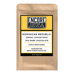 Encore Coffee & Chocolate label for 70% dark chocolate bar made with single origin cacao from Zorzal Comunitario, Dominican Republic.