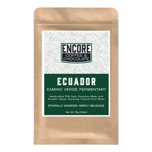 Encore Coffee & Chocolate Ecuador Camino Verde 70% dark chocolate bar packaging, ethically sourced bean-to-bar craft chocolate from Ecuador.