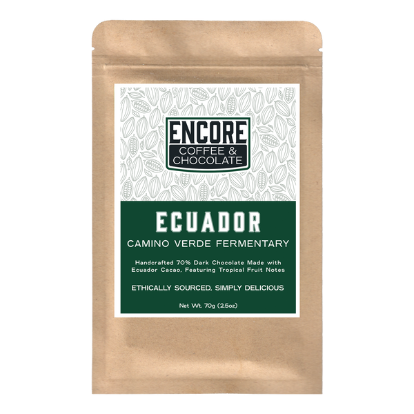 Encore Coffee & Chocolate Ecuador Camino Verde 70% dark chocolate bar packaging, ethically sourced bean-to-bar craft chocolate from Ecuador.