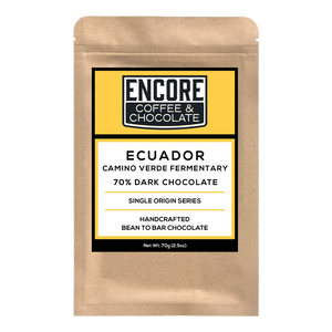 Encore Coffee & Chocolate label for 70% dark chocolate bar made with single origin cacao from Camino Verde Fermentary, Ecuador.