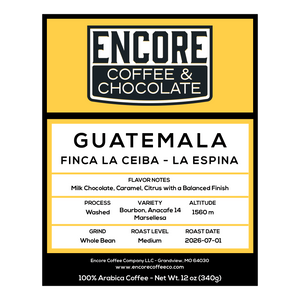 Encore Coffee & Chocolate Guatemala La Espina coffee label featuring Finca La Ceiba, medium roast, washed process, and origin details.