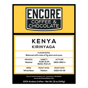 Encore Coffee & Chocolate label for Kenya Kirinyaga medium roast coffee featuring flavor notes of fig, plum, and cocoa;