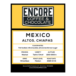 Encore Coffee & Chocolate Mexico Chiapas Highlands coffee bag label with medium roast details, flavor notes of cocoa, almonds, and brown sugar, washed process, Catuai and Typica varieties, grown at 1200–1600m, whole bean 12oz bag.