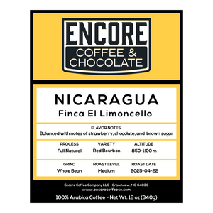 Encore Coffee & Chocolate label for Nicaragua Finca El Limoncello medium roast coffee with flavor notes of strawberry, chocolate, and brown sugar