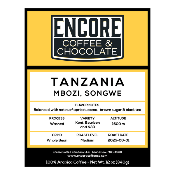 Encore Coffee & Chocolate label for Tanzania coffee from Mbozi, Songwe. Highlights include apricot, cocoa, brown sugar, and black tea notes, with a medium roast, washed process, and roast date of June 1, 2025.