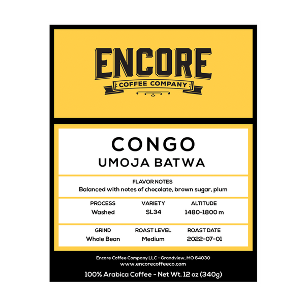 Congo - Umoja Batwa coffee.  Yellow Label w/ text