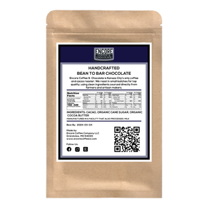 Back of Encore Coffee & Chocolate Madagascar bar showing ingredients, nutrition facts, QR code, and Grandview, MO address.