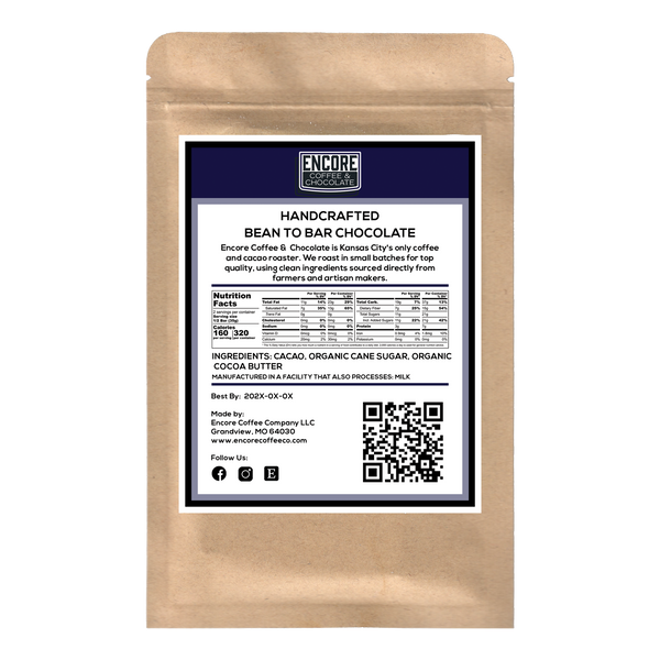 Back of Encore Coffee & Chocolate Madagascar bar showing ingredients, nutrition facts, QR code, and Grandview, MO address.
