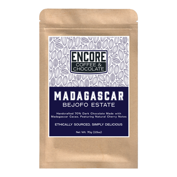 Encore Coffee & Chocolate Madagascar 70% Dark Chocolate Bar – Bejofo Estate with natural cherry notes, ethically sourced.
