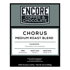 Encore Coffee & Chocolate Chorus Medium Roast Blend label showing flavor notes of chocolatey fruity sweetness, whole bean, medium roast, roasted July 1, 2025.