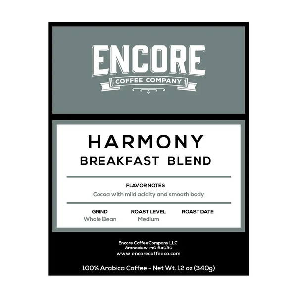 A blue / grey background with the Encore logo. The label featuring the words "Harmony - Breakfast Blend" in bold font. Below the title is a description of the coffee, and at the bottom are the weight measurements.