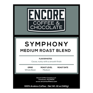 Encore Coffee & Chocolate Symphony medium roast blend label featuring flavor notes of cocoa and nutty with a smooth finish.