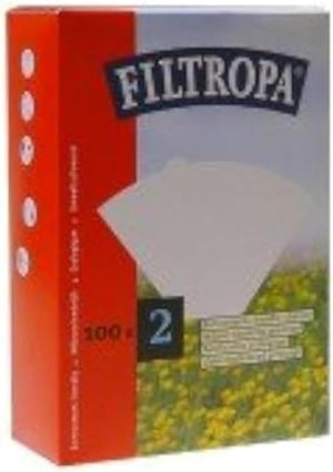 Box of Filtropa brand coffee filters, size 2, containing 100 white cone-shaped filters; packaging features a red and floral design with the brand name prominently displayed.
