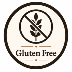 A circular gluten-free certification-style icon with a crossed-out wheat stalk and the words 'Gluten Free' on a white background.
