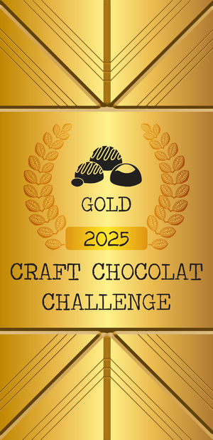 Gold award badge for Craft Chocolate Challenge 2025 on a gold background