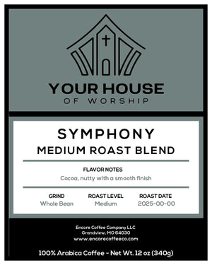 Coffee label for 'Your House of Worship Symphony Medium Roast Blend' with branding and product details.