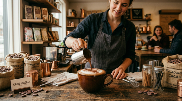 Barista in a cozy coffee shop pours rich chocolate sauce into a large mug of hot chocolate topped with frothy milk and cocoa powder. Burlap sacks of cacao beans, chocolate bars, copper utensils, cinnamon sticks, vanilla beans, and whisks surround the rustic wooden counter, highlighting a bean-to-cup chocolate-making atmosphere while customers relax in the background.