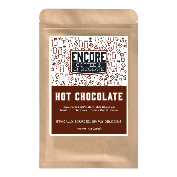 Encore Coffee & Chocolate Hot Chocolate 50% dark milk chocolate bar packaging made with Tanzania Kokoa Kamili cacao, bean-to-bar craft chocolate.