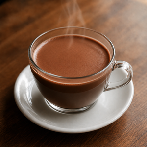 Clear glass cup of smooth hot chocolate with rising steam, served on a white saucer over a warm wooden table.