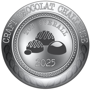 Silver medal with chocolate illustrations for 'Top Overall' in the 'Craft Chocolat Challenge' for the year 2025.