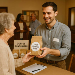 Volunteer handing custom-labeled coffee bag to church member at coffee fundraiser table with clipboard and private-labeled bags.