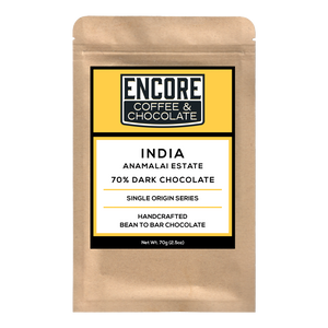 Encore Coffee & Chocolate label for 70% dark chocolate bar made with single origin cacao from Anamalai Estate, India.