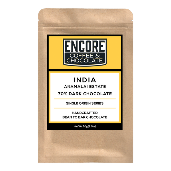 Encore Coffee & Chocolate label for 70% dark chocolate bar made with single origin cacao from Anamalai Estate, India.