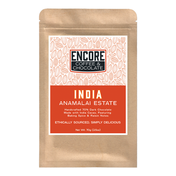 Encore Coffee & Chocolate India Anamalai Estate 70% dark chocolate bar packaging, ethically sourced bean-to-bar craft chocolate made with India cacao.