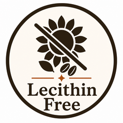 A circular 'Lecithin Free' certification-style icon with a dark brown sunflower crossed out by a diagonal slash, coffee beans below, and the words 'Lecithin Free' on a white background.