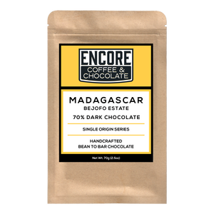 Encore Coffee & Chocolate label for 70% dark chocolate bar made with single origin cacao from Bejofo Estate, Madagascar.