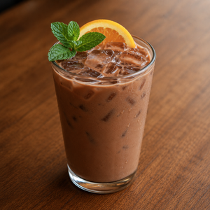 Iced mocha in a clear pint glass with visible ice and condensation, garnished with fresh mint and an orange slice.