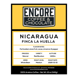 Encore Coffee & Chocolate Nicaragua Finca La Huella coffee label with details on a white background.