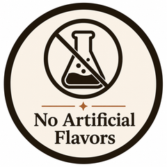 A circular beige and dark brown graphic with a crossed-out flask icon and the text 'No Artificial Flavors' on a white background.