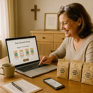 Middle-aged woman ordering church fundraiser coffee online, with branded coffee bags and a “Your Church Name” laptop screen in cozy home office.
