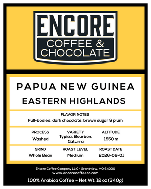 A flat coffee label design for Encore Coffee Company featuring the flavor notes 'Papua New Guinea Eastern Highlands' with details on process, variety, altitude, grind, roast level, and roast date.