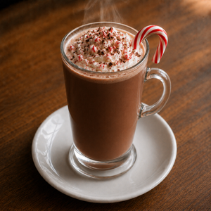 Tall clear glass of hot peppermint mocha topped with whipped cream, crushed candy cane, chocolate shavings, and a candy cane garnish.