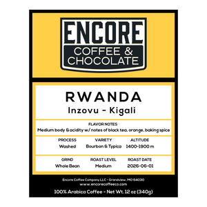Fresh-roasted Rwanda Peaberry coffee with notes of black tea, orange, and baking spice. Roasted weekly in Kansas City by Encore Coffee & Chocolate.