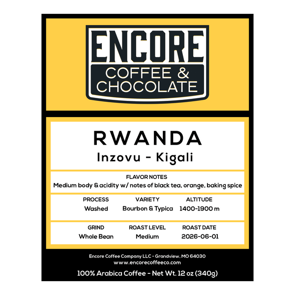 Fresh-roasted Rwanda Peaberry coffee with notes of black tea, orange, and baking spice. Roasted weekly in Kansas City by Encore Coffee & Chocolate.